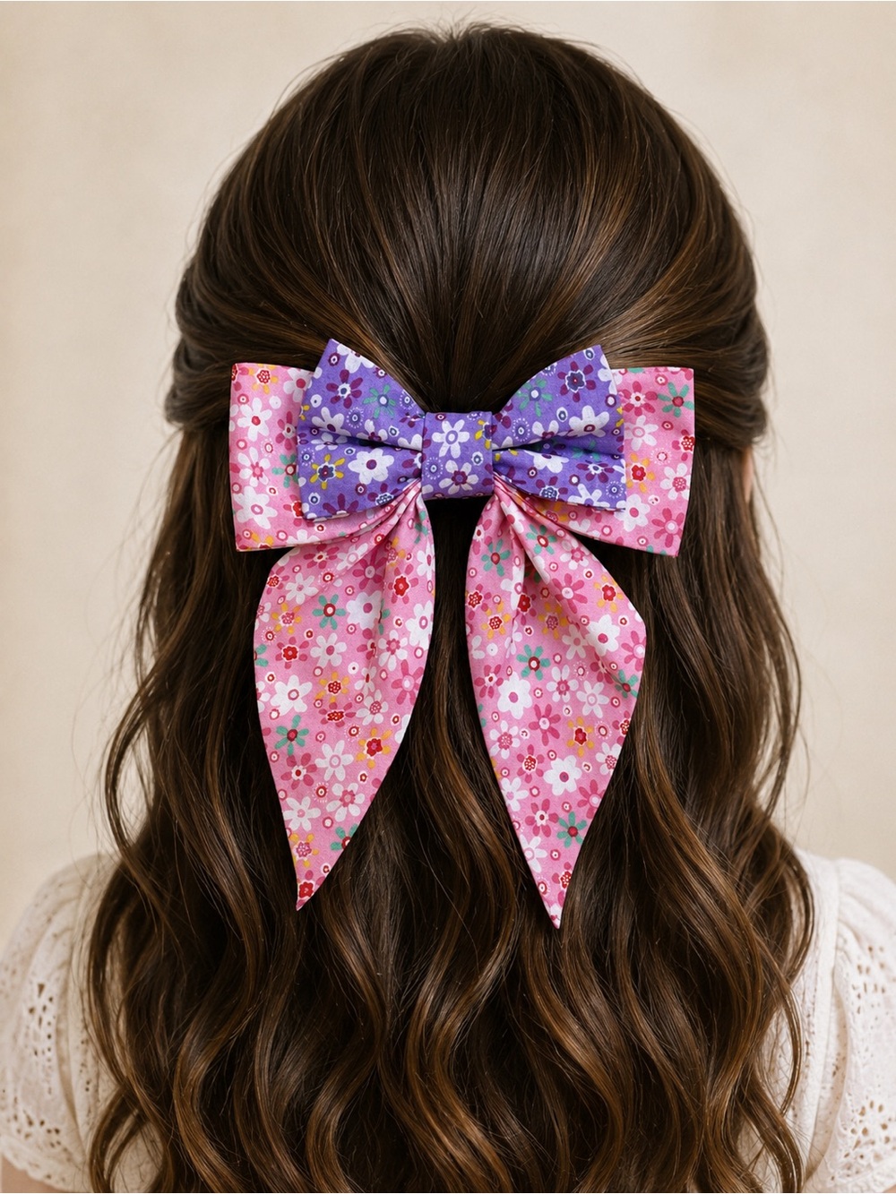Handmade Floral Hair Bow, Made from 100% Cotton Fabric